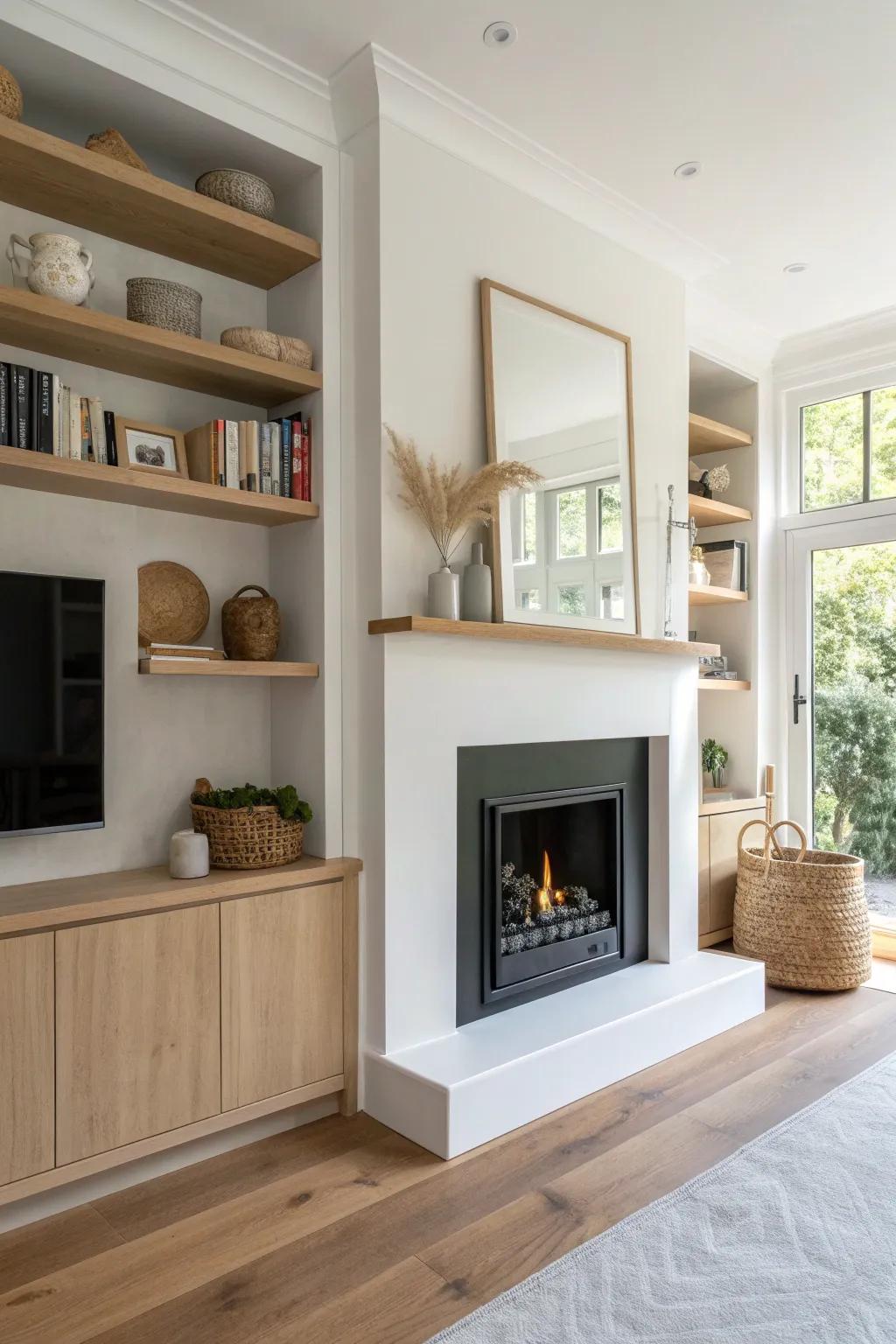 One wall, double duty: a petite fireplace framed by built-in shelves for calm, clutter-free living.