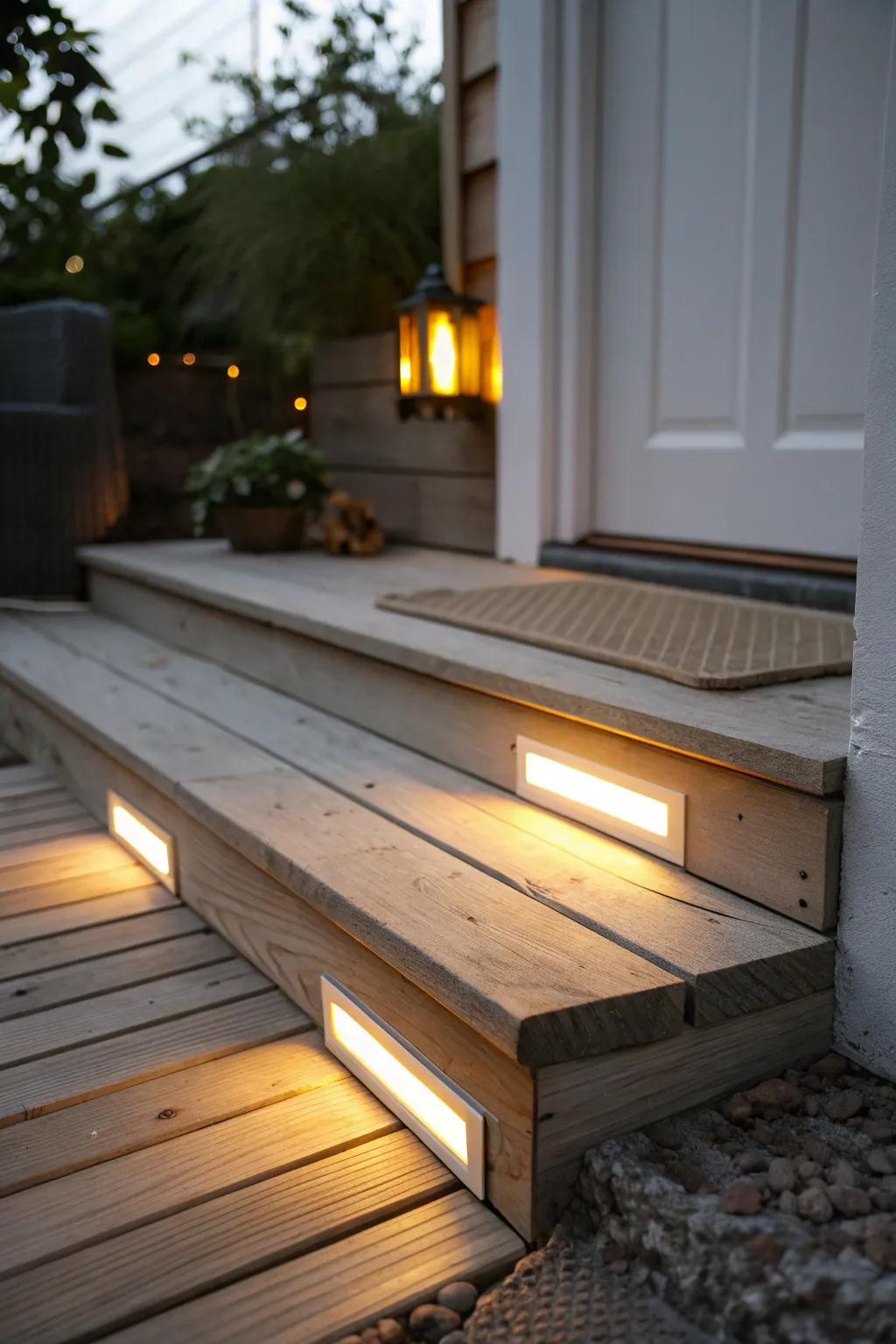 A single warm step light turns a tiny front deck into a welcoming, safer glow after dark.