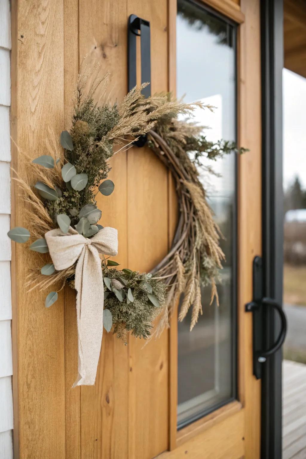 A simple neutral wreath adds year-round charm—just swap the ribbon for each season.