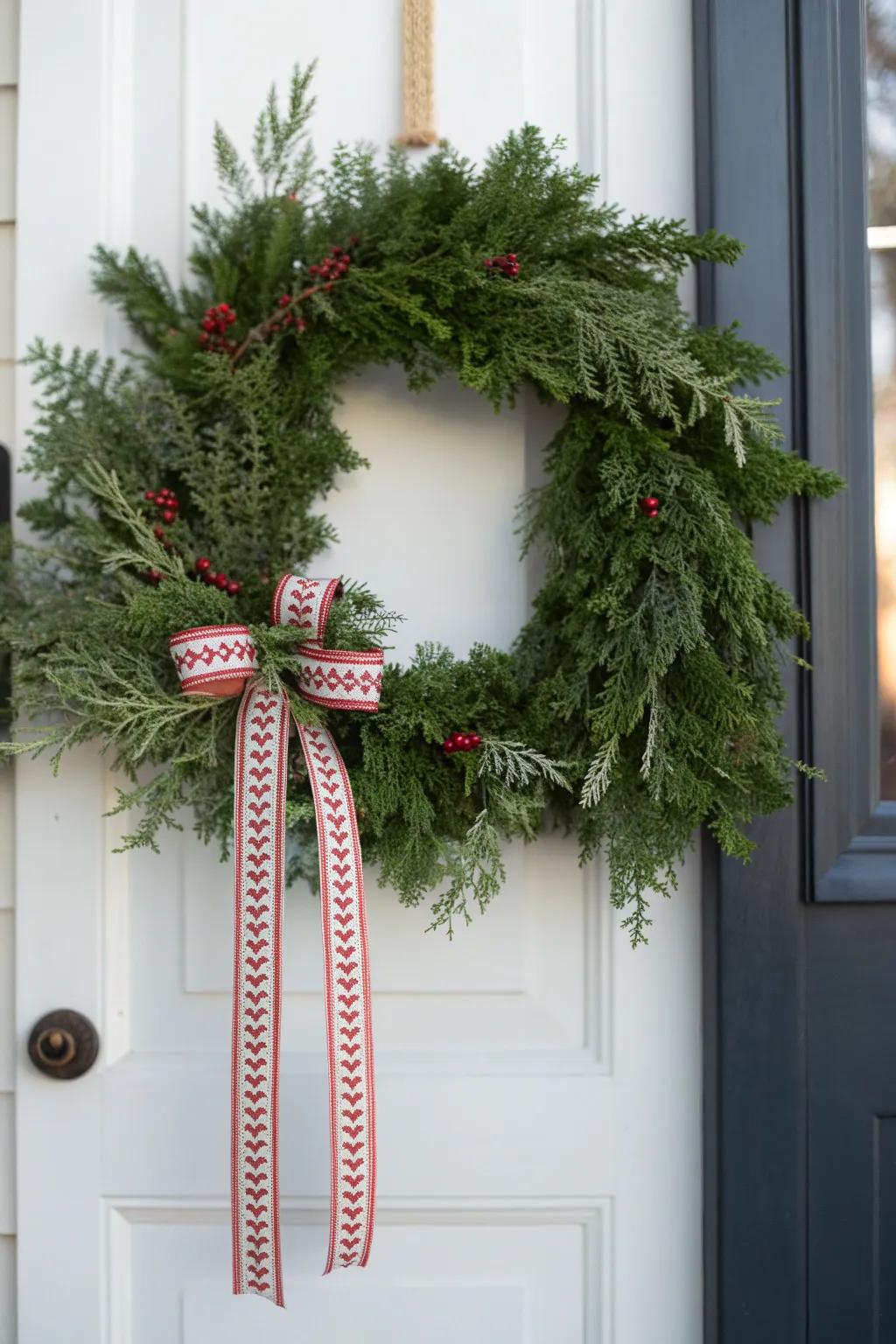 Evergreen wreath + red-and-green ribbon: a simple, coordinated Christmas look for small porches.