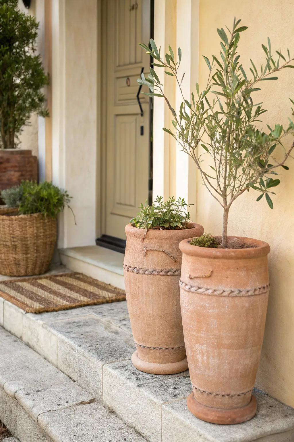 Two slim pots give your tiny front porch big style—without the bulky planter footprint.