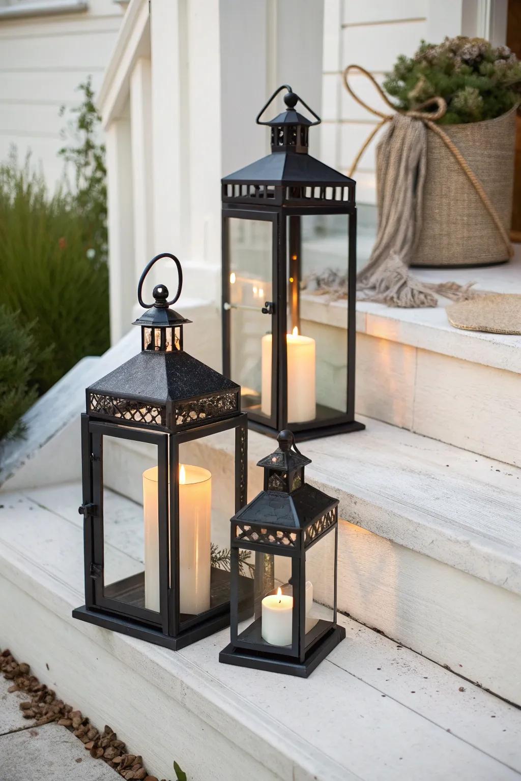 A tight lantern trio on one step corner creates a cozy glow without stealing space.