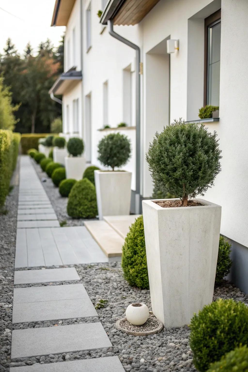 Symmetry in a tiny townhouse yard: one centered statement planter for instant polish.