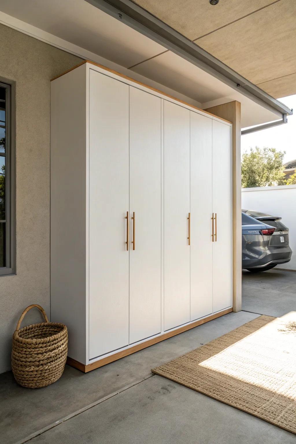 Floor-to-ceiling cabinets calm a small garage—clean walls, hidden clutter, instant room-like feel.
