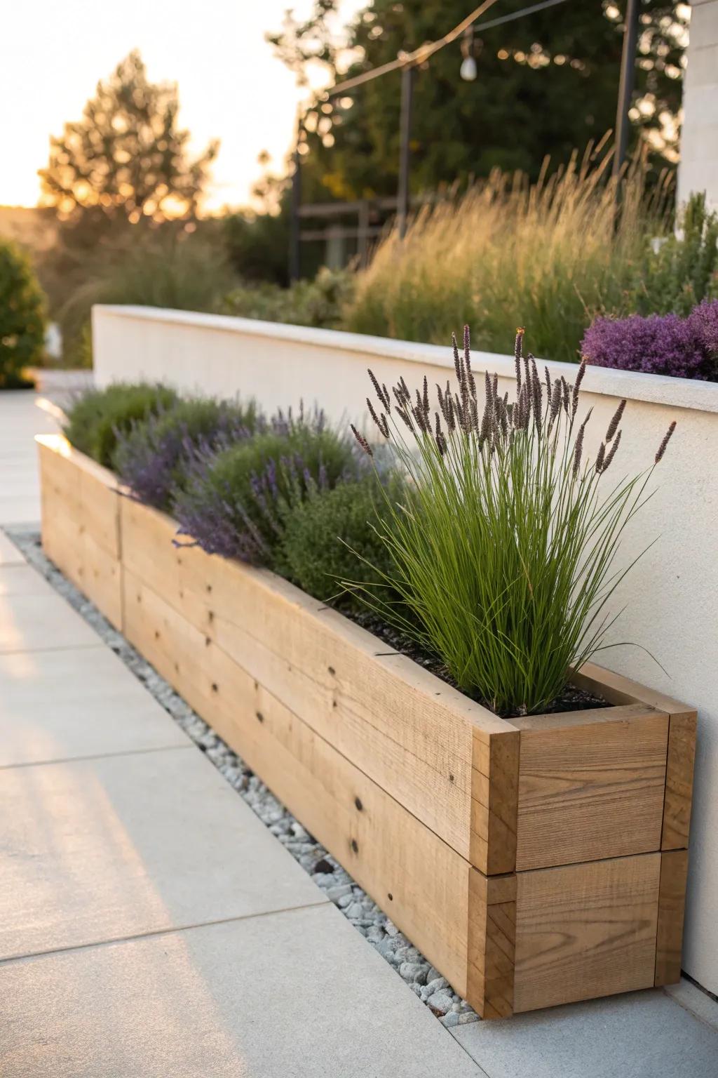 A slim patio-edge planter adds lush greenery and defines a cozy outdoor room in tiny spaces.