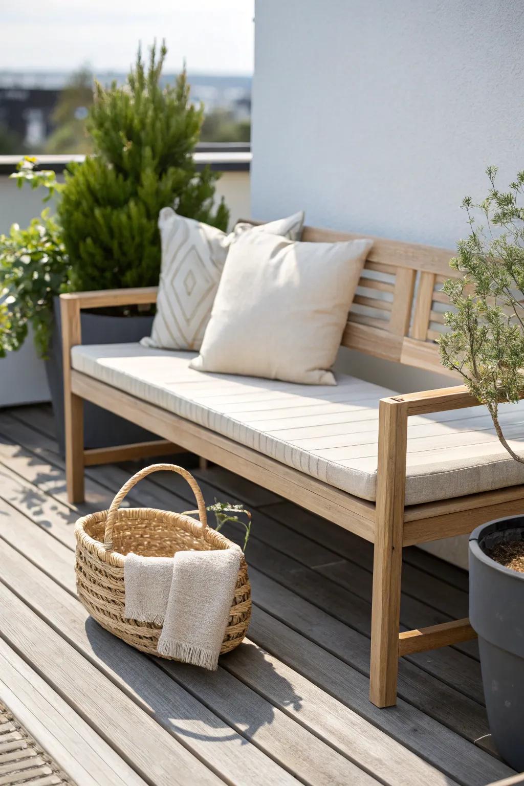 Lift-top deck bench storage keeps a tiny garden seating area calm, tidy, and chic.