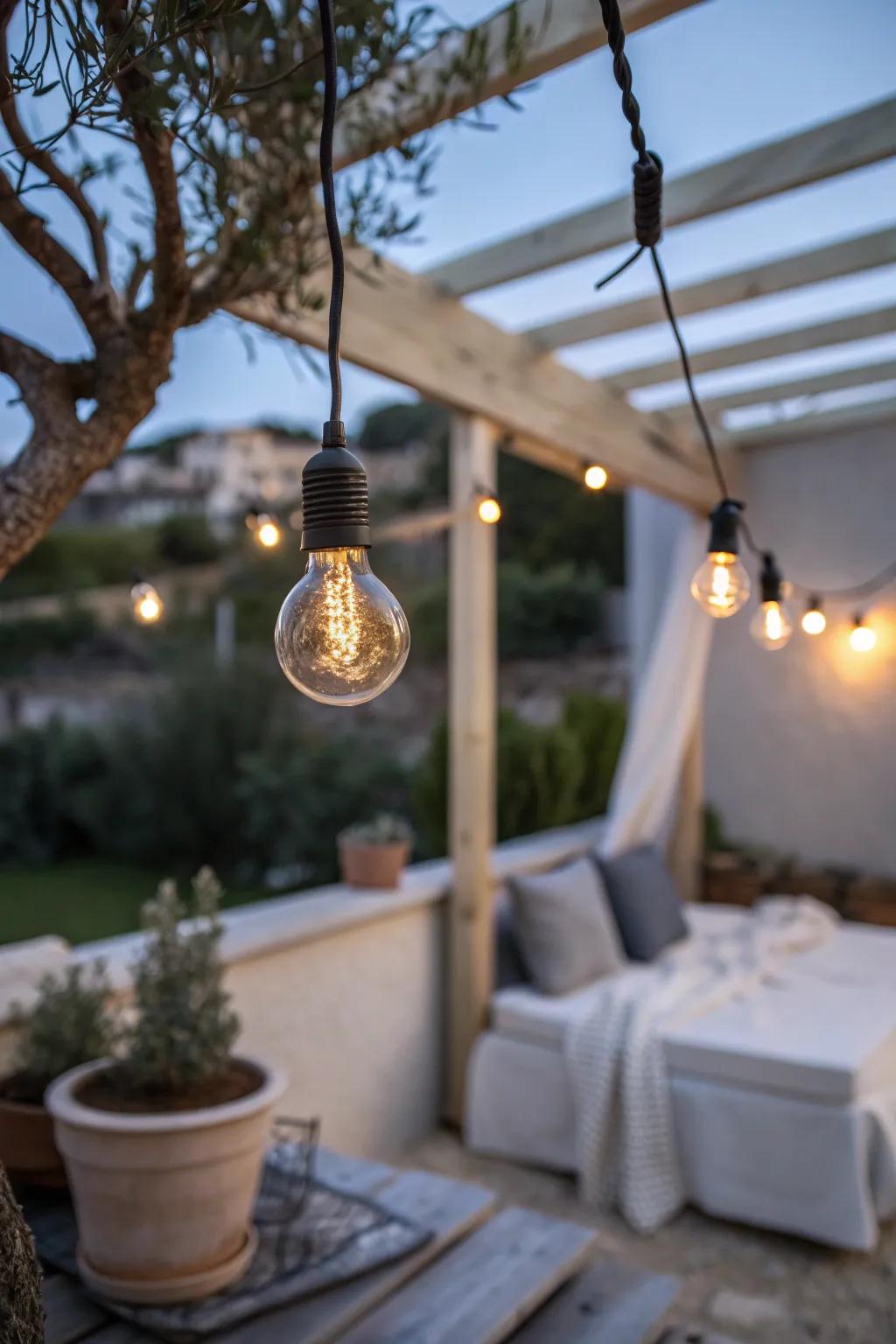 One warm bulb, instant garden magic—string lights turn the smallest patio into a cozy night nook.