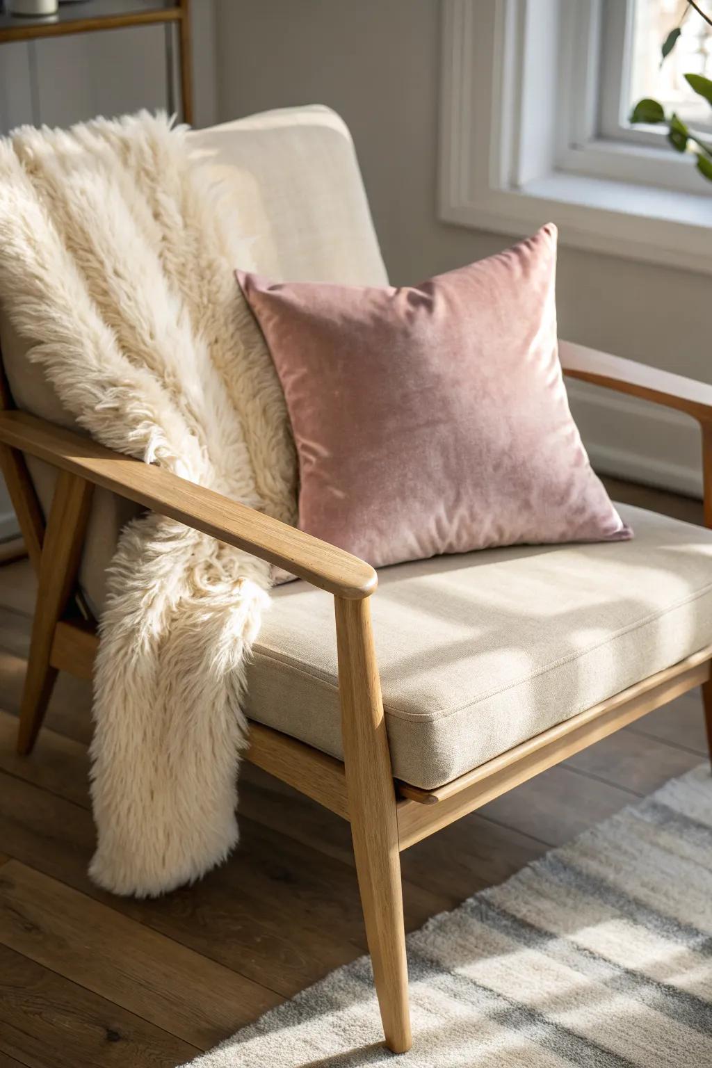 Blush velvet + ivory faux fur—small-space glam that feels plush, calm, and Scandinavian-chic.
