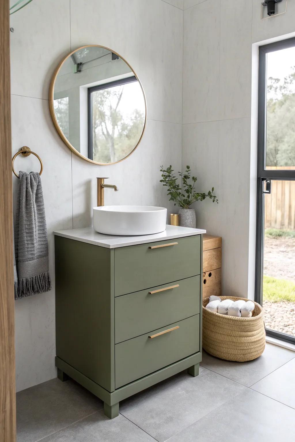 A slim olive-green floating vanity anchors a tiny bathroom—stylish, airy, and space-saving.