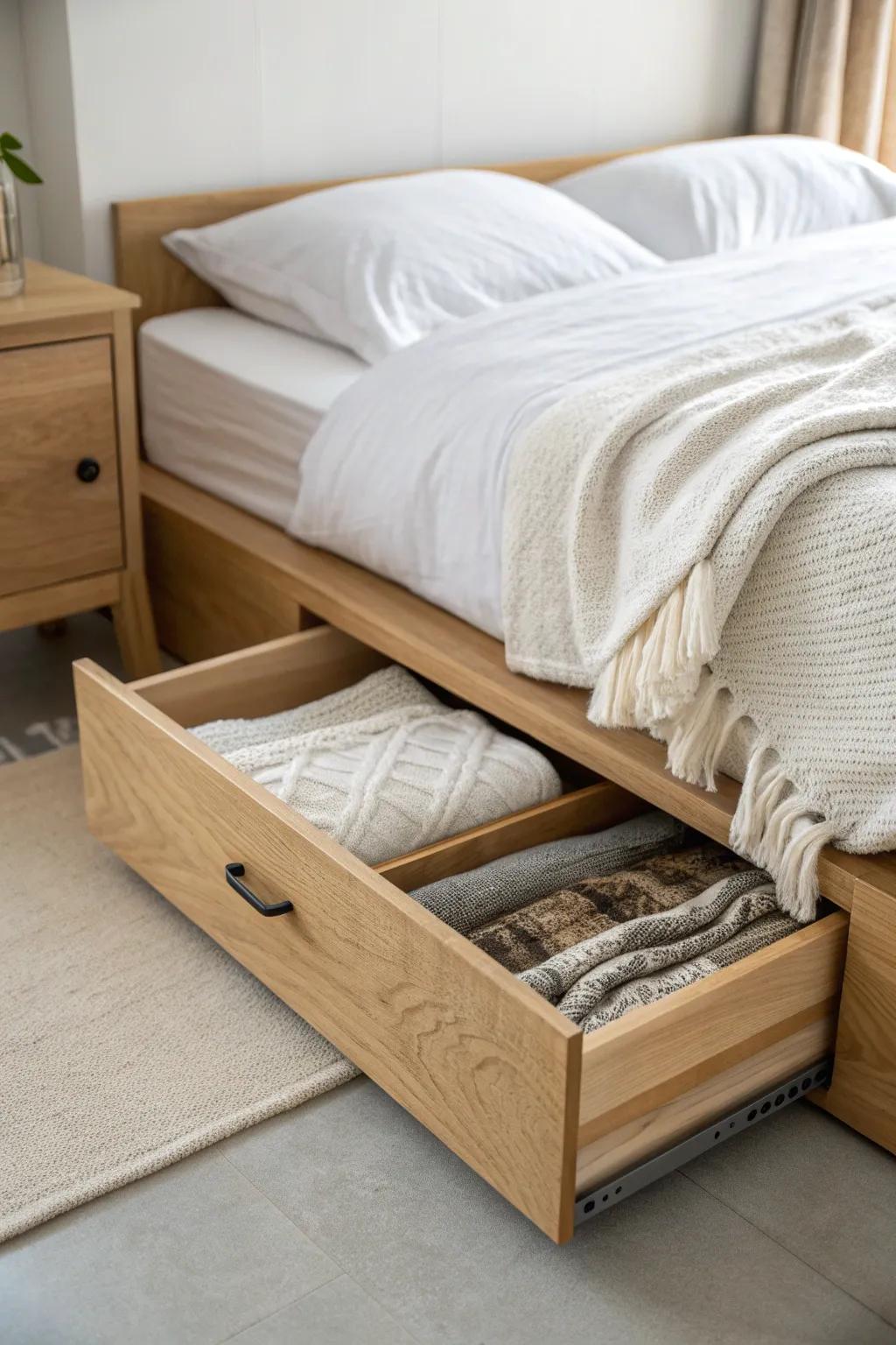 Tuck extra guest linens in a sleek under-bed drawer for a calm, clutter-free room.
