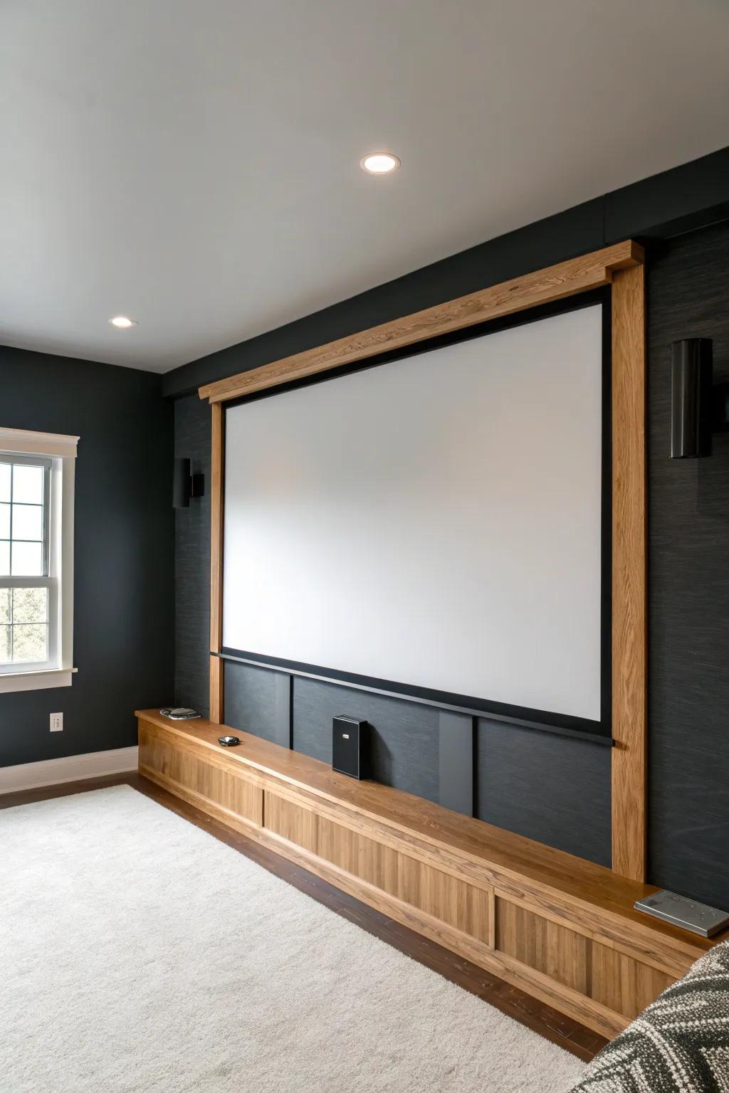 Paint the front wall deep charcoal to make the screen pop and keep a small theater distraction-free.
