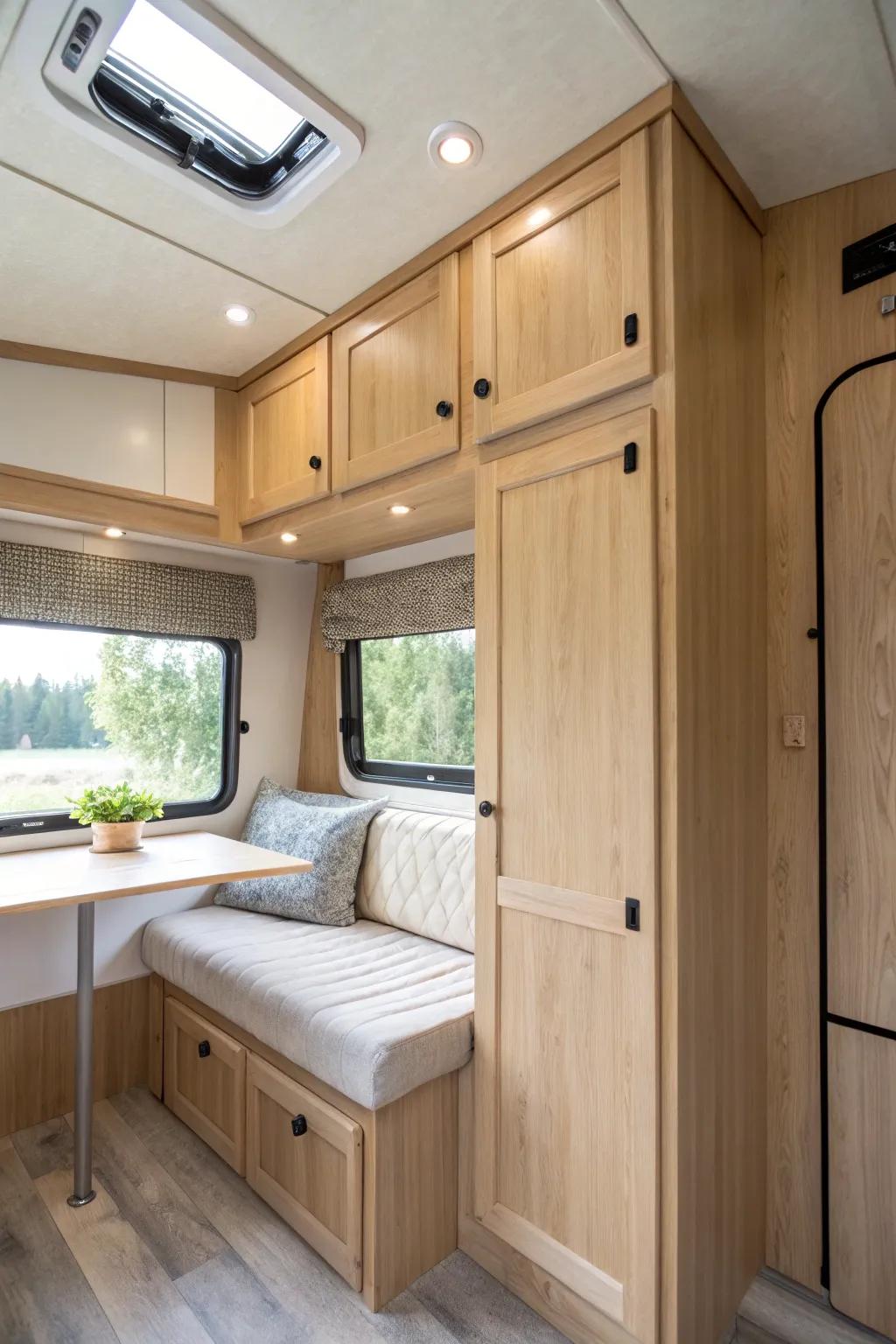 Ceiling-high cabinets above the bench turn trailer headspace into sleek, finished storage.