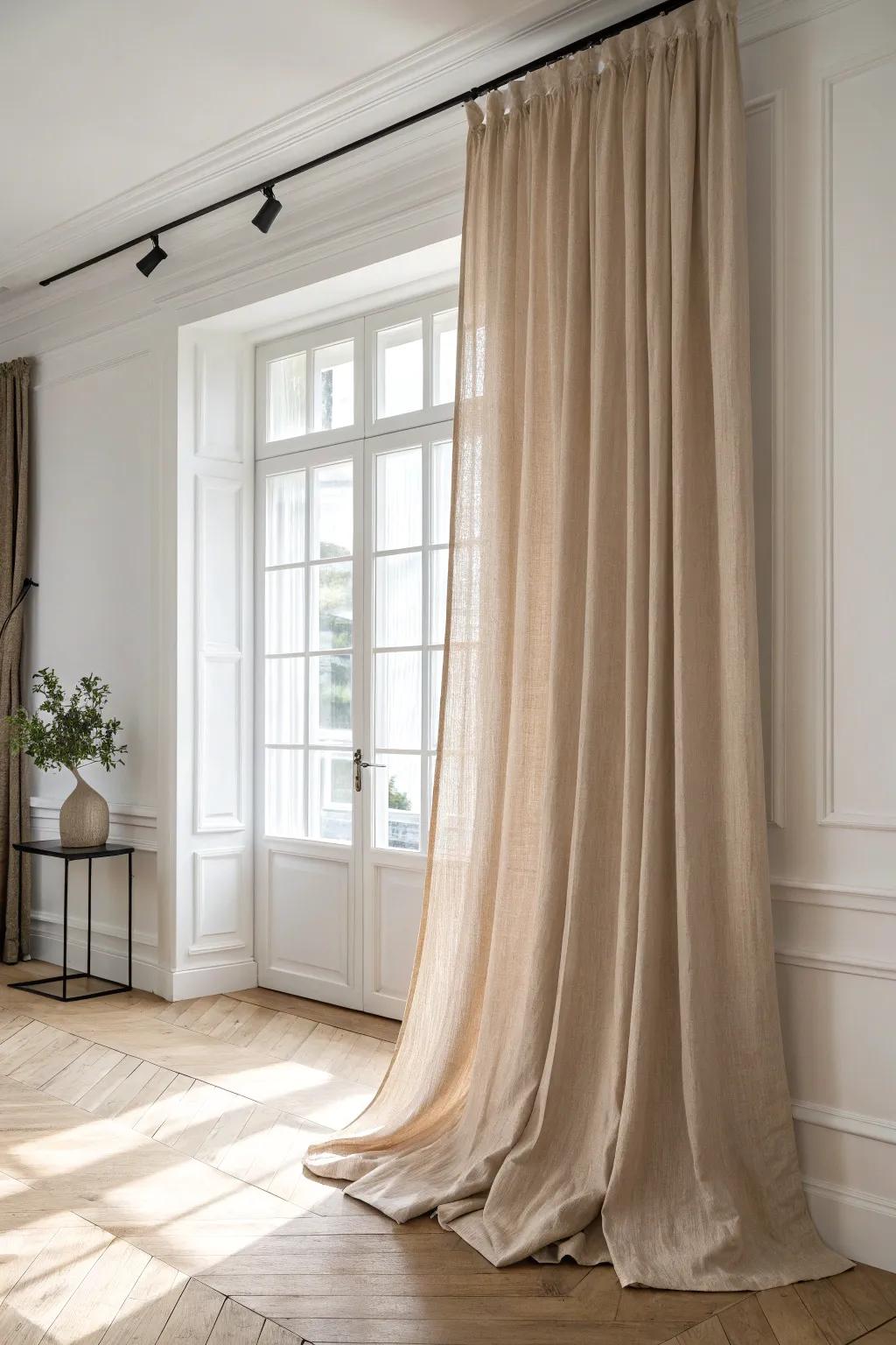 Hang curtains high and wide—one simple vertical trick that instantly makes rooms feel taller.