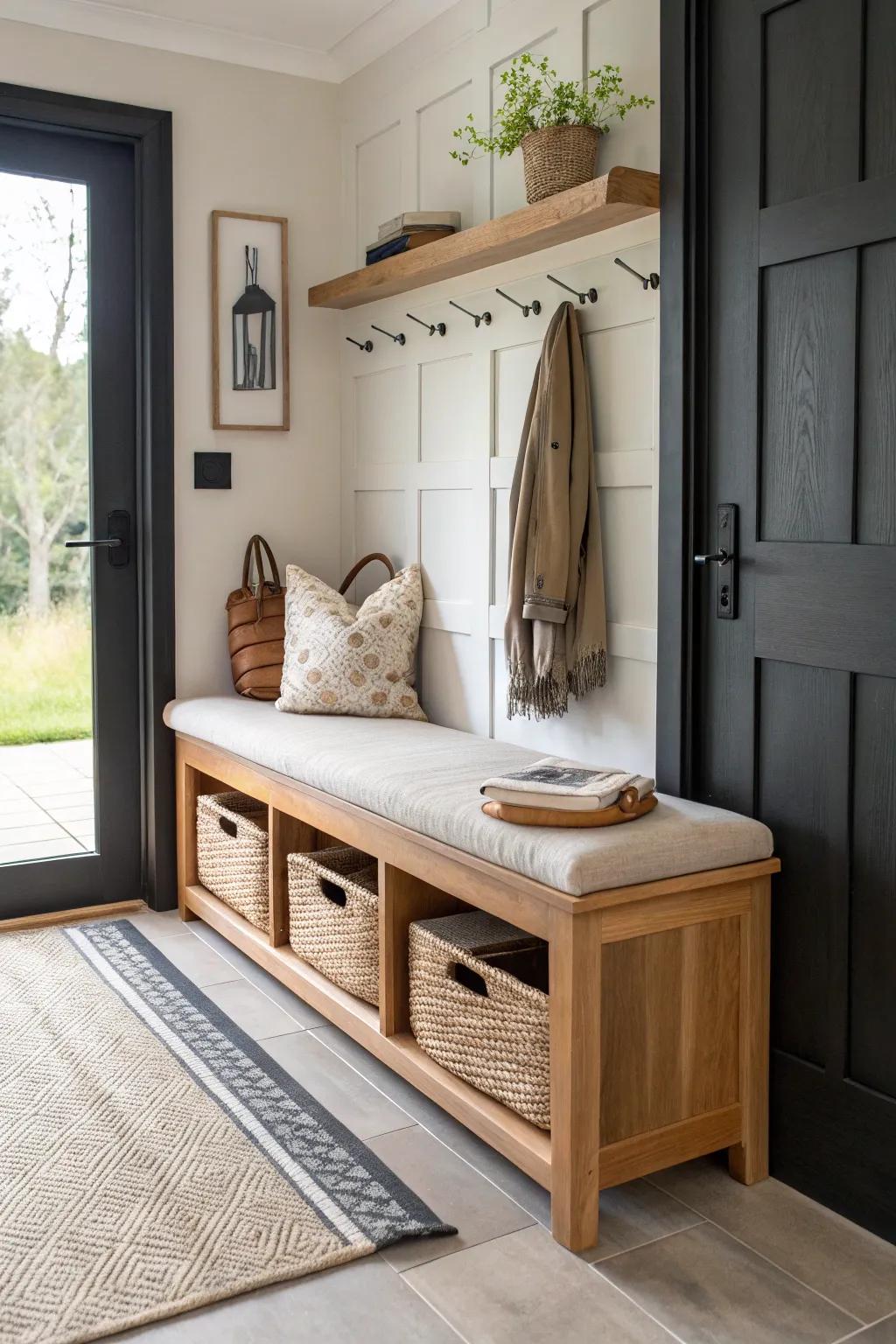 A slim cubby bench turns a narrow entryway into a mini mudroom for shoes, keys, and umbrellas.