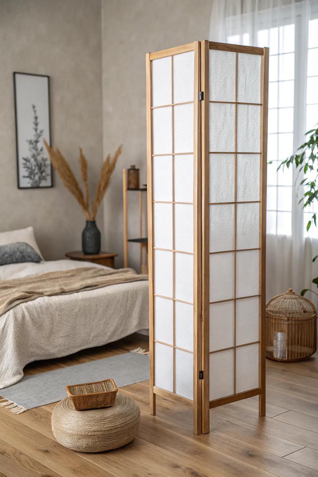 A light shoji-style screen adds privacy to a tiny bedroom without blocking that airy glow.