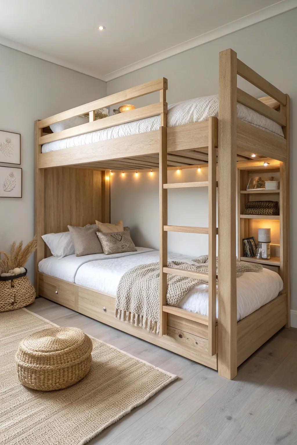 Shared small room? A light-wood bunk bed adds two cozy nooks—each with its own shelf + lamp.