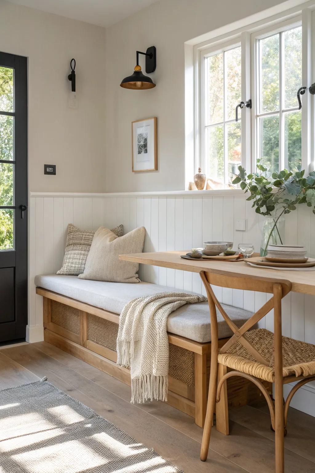 Trade bulky chairs for a slim wall bench—more room to scoot in, less clutter in small kitchens.