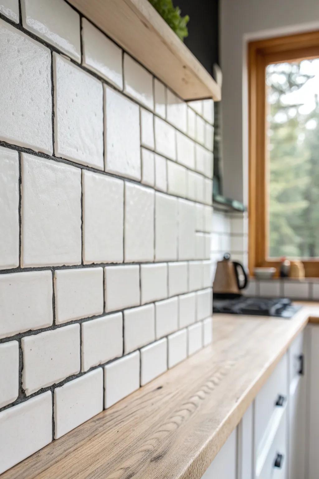 Charcoal grout on crisp white tile adds graphic definition to a tiny backsplash—rental friendly.