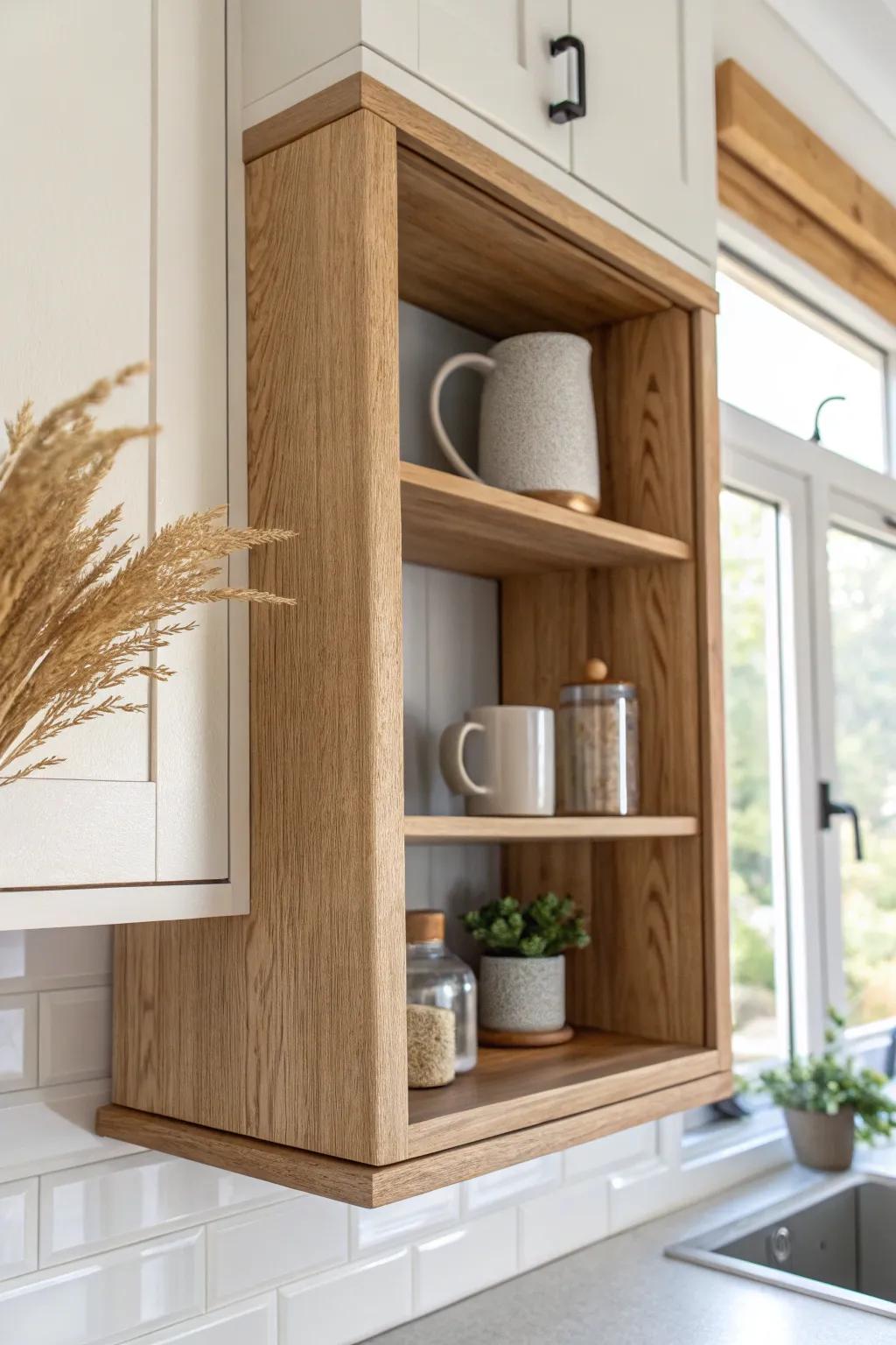 A slim end-of-cabinet bar shelf turns found space into a cozy one-stool coffee nook.