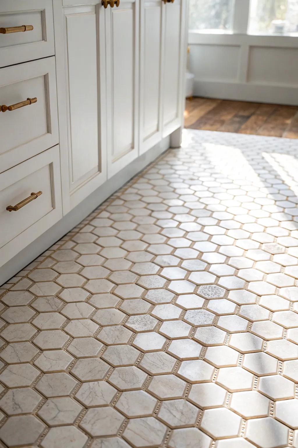 Neutral hex mosaic adds quiet texture, better grip, and a crumb-hiding win in small kitchens.