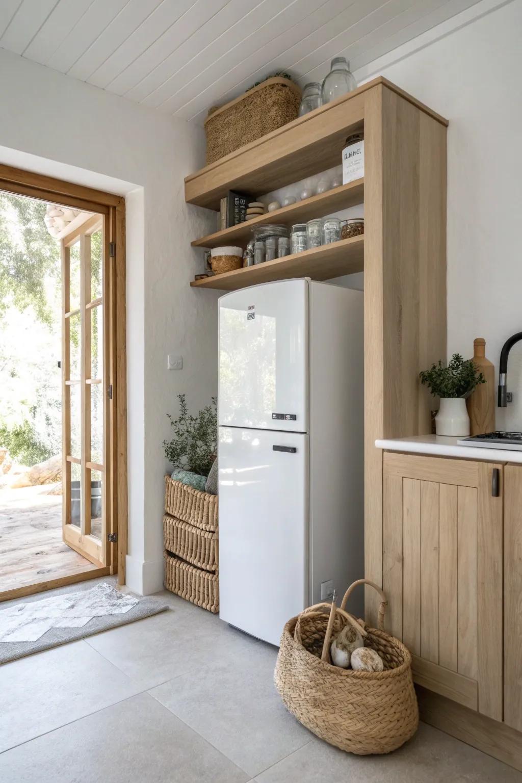 A shallow fridge nook with light-oak framing makes a small kitchen feel custom and calm.
