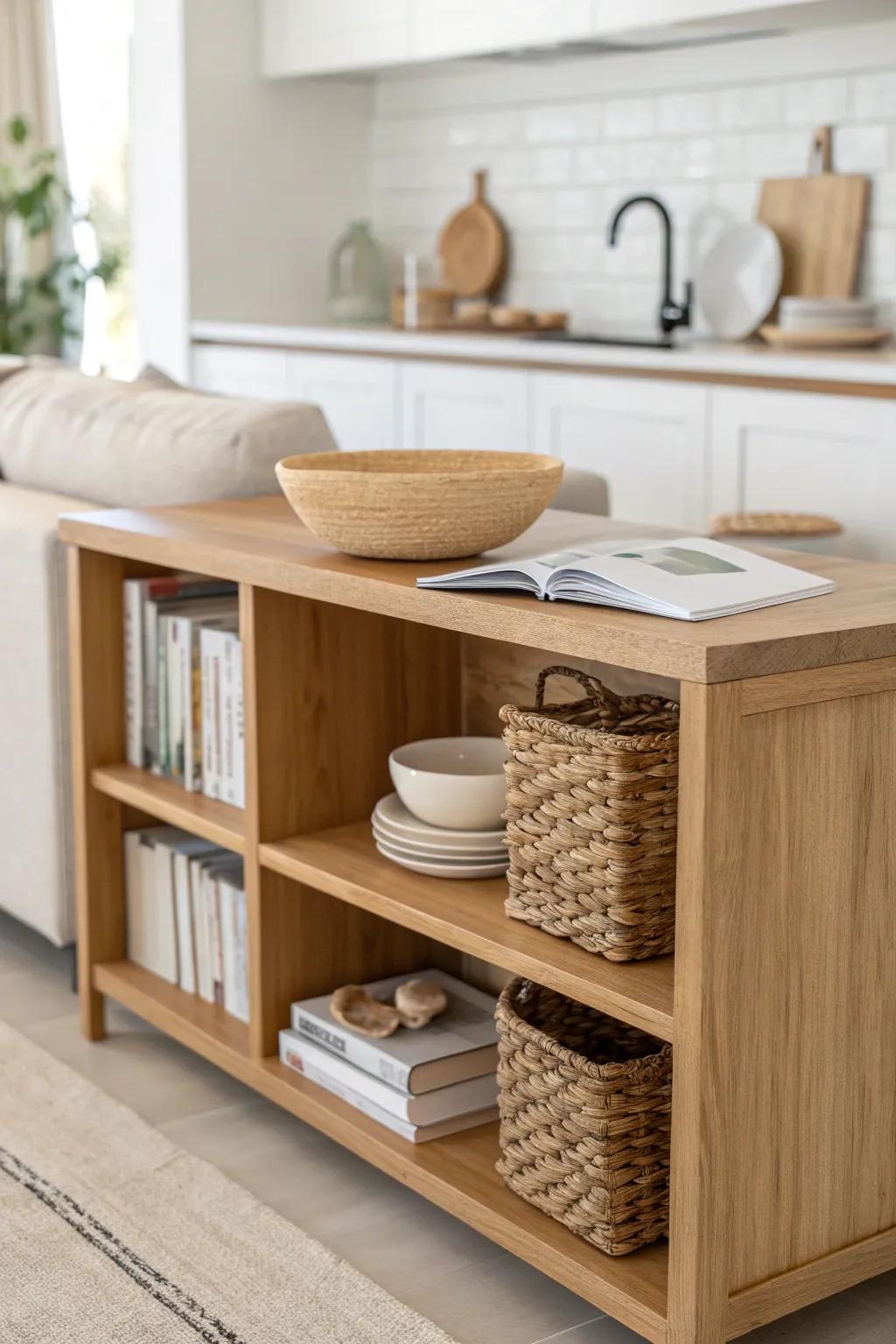 Open shelving on the peninsula keeps a small kitchen airy—baskets make it look curated.