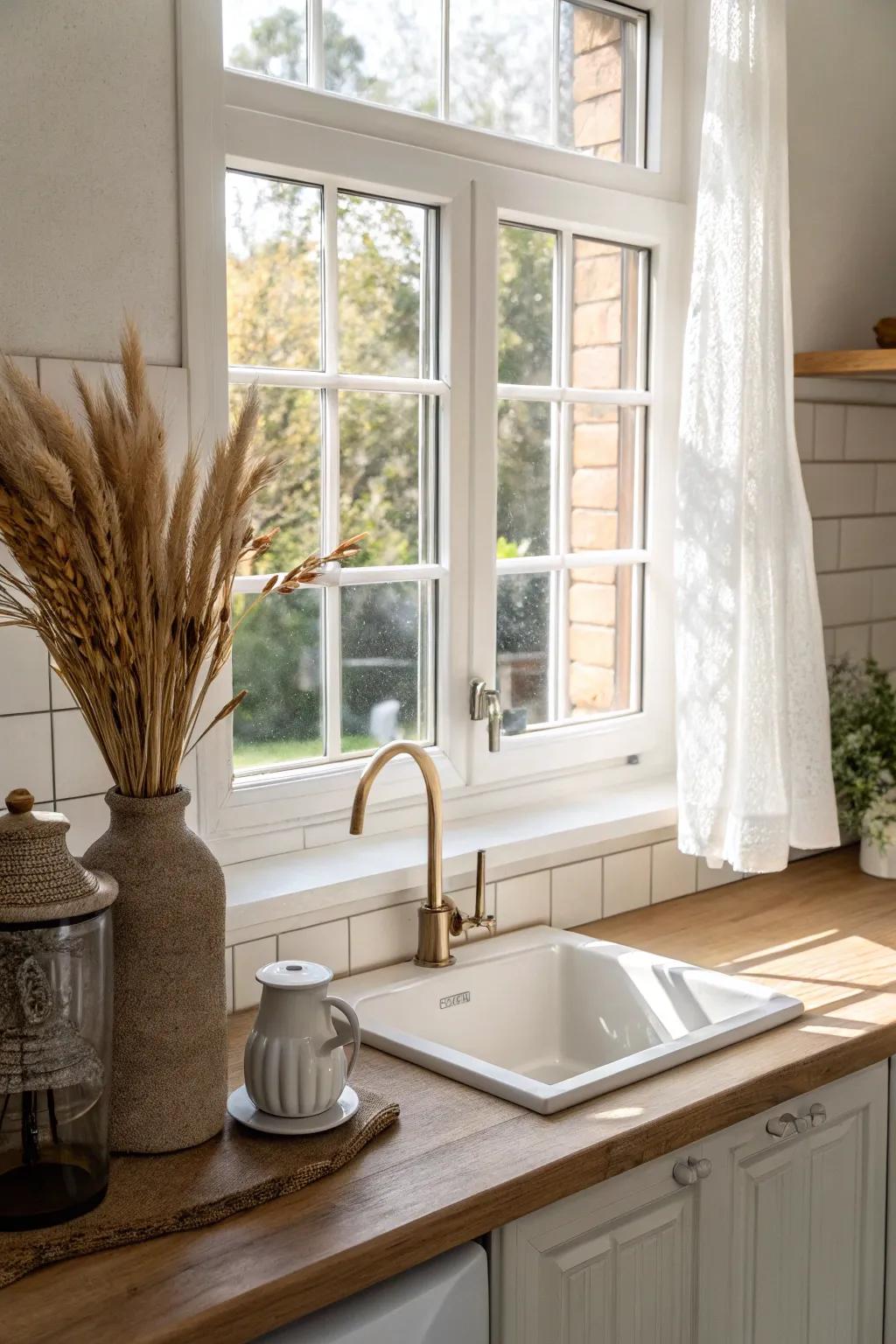 Peel-and-stick trim turns a plain sink window into classic grid charm—no commitment required.