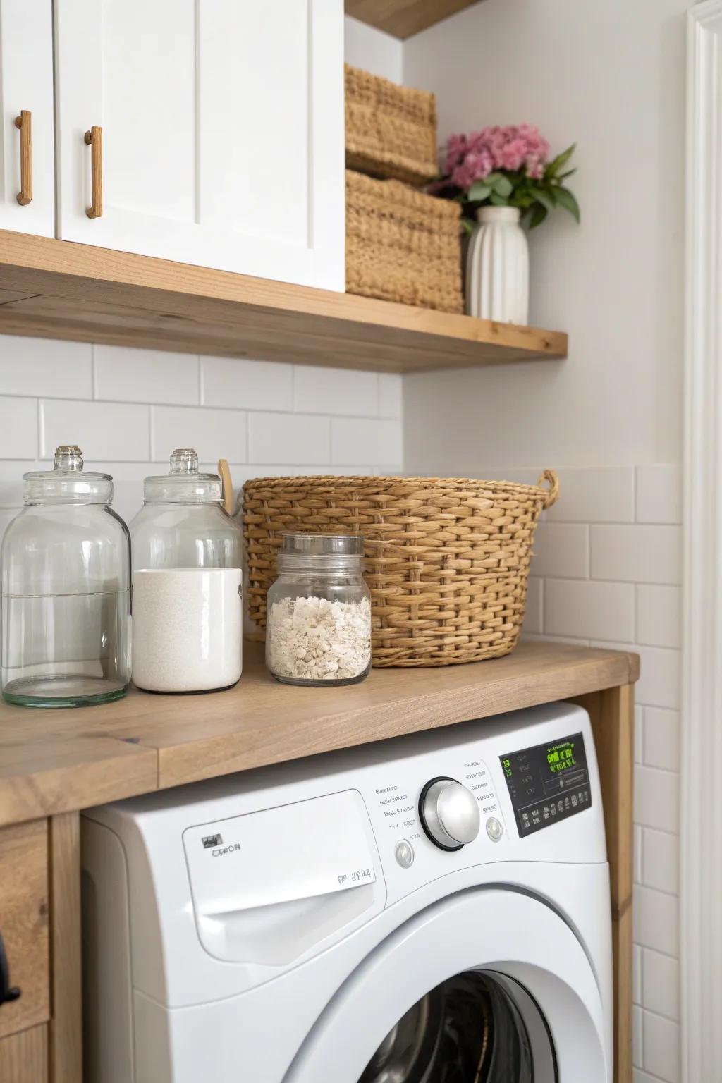 A slim shelf above the washer adds pantry overflow storage without crowding the room.