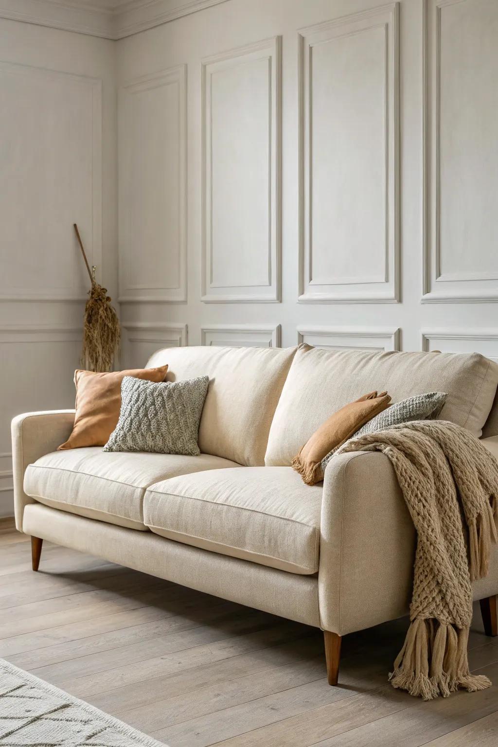 Oversized neutral sofa + soft accents: a calm base that makes a small living room feel airy.