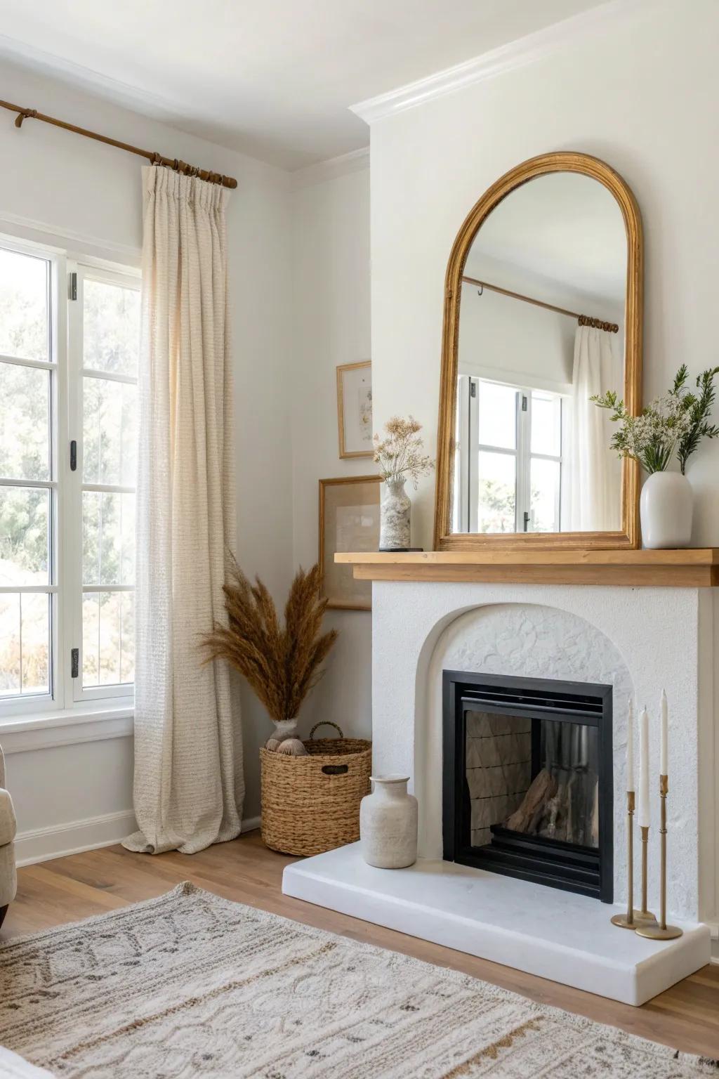 An oversized arched mirror hung low above the mantel bounces light and makes the room feel bigger.