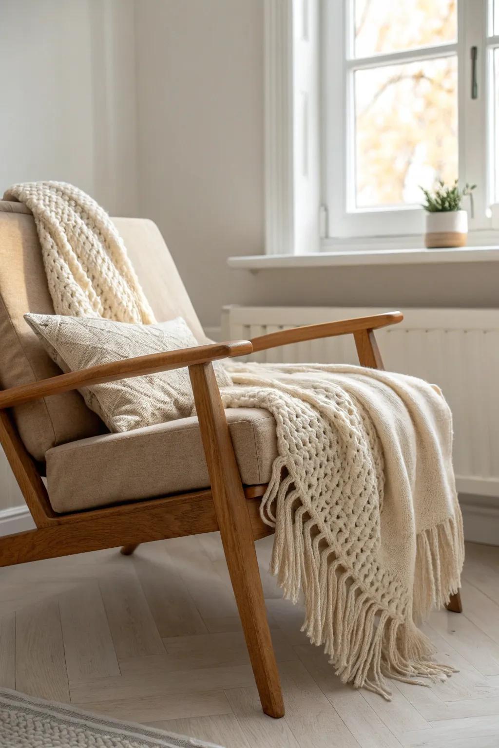 Creamy walls + warm oak + a textured throw: the easiest small living room glow-up.