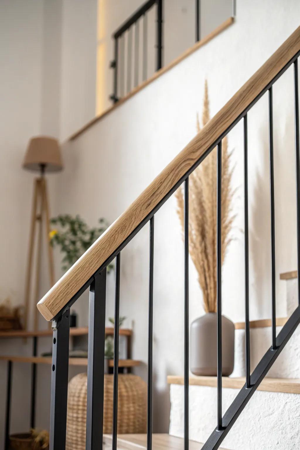 Slim loft railing with oak + black steel keeps sightlines open and your small loft feeling airy.