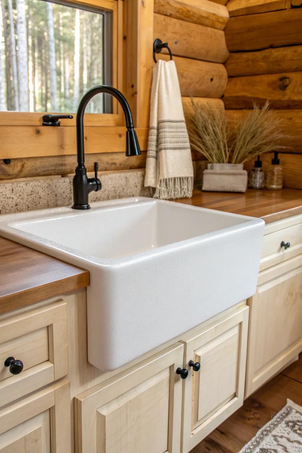 Compact farmhouse sink brings cabin charm while keeping precious storage space below.