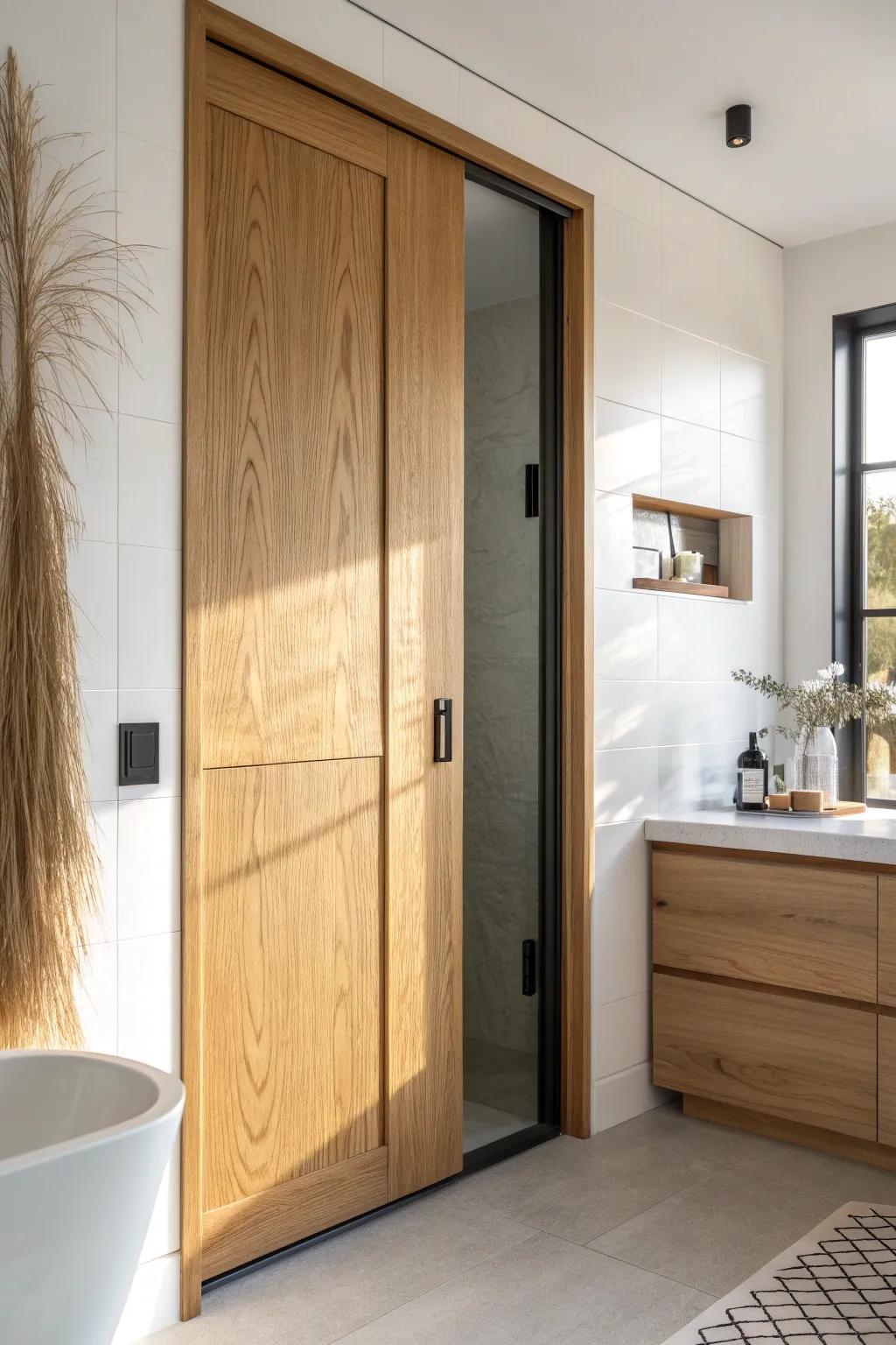 Pocket doors reclaim floor space—clean Scandinavian lines in warm oak with a soft boho touch.