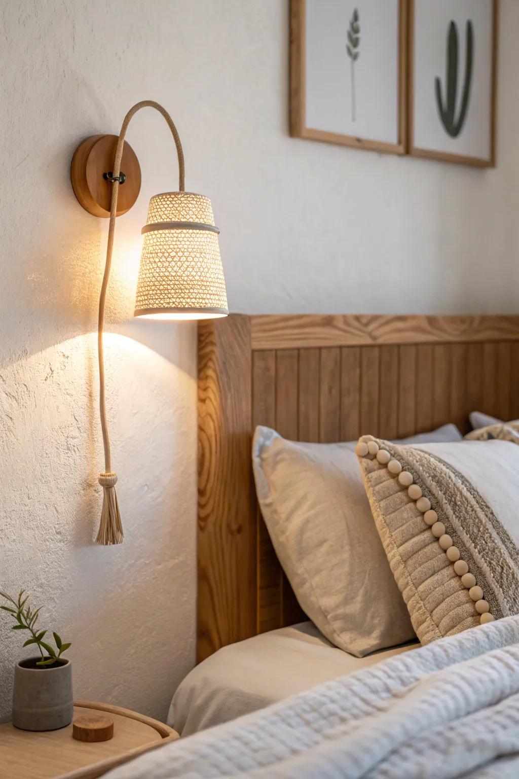 Free up your nightstand: swap table lamps for warm, space-saving wall sconces.