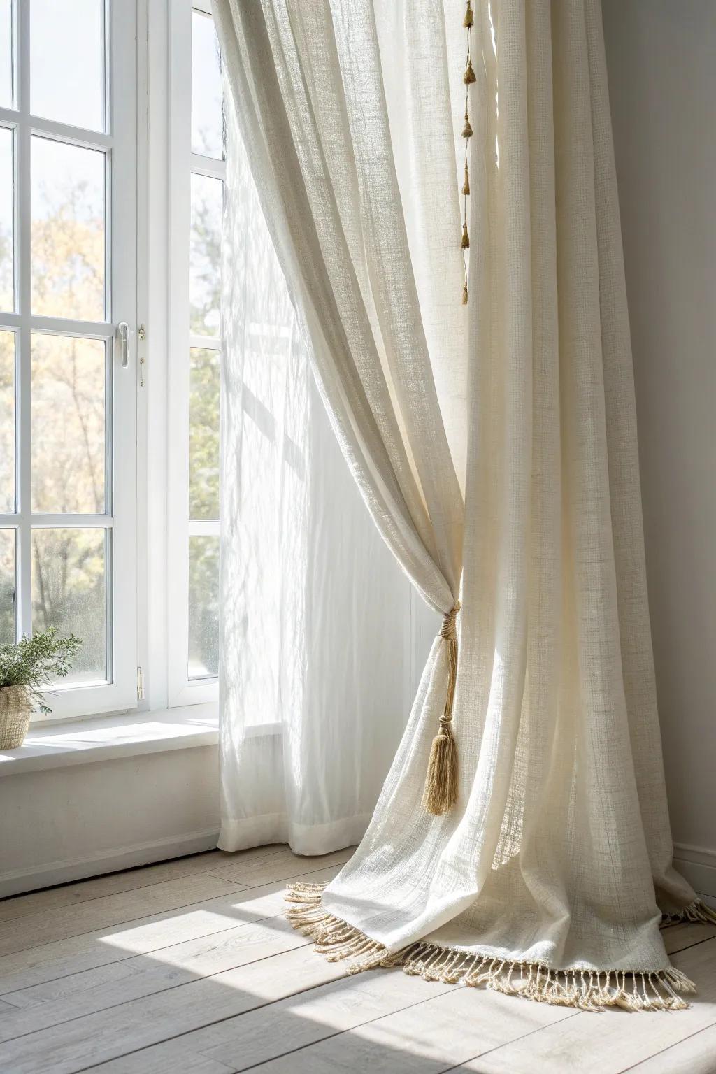 Sheer linen curtains soften window light, creating a calm, airy glow for daily meditation.