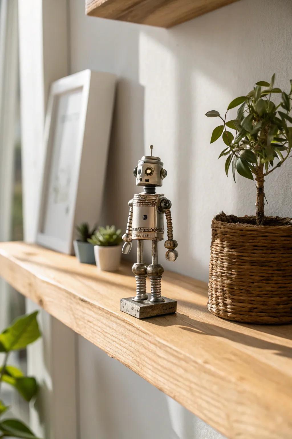 A tiny spark plug robot adds character—minimal, handcrafted, and perfect for small shelves.