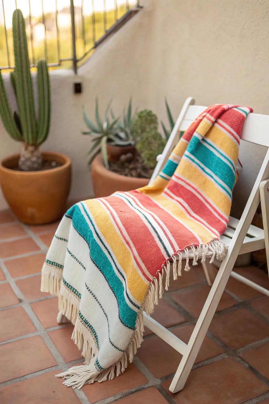 Bright serape textiles instantly warm a tiny Mexican patio—swap throws and cushions seasonally.