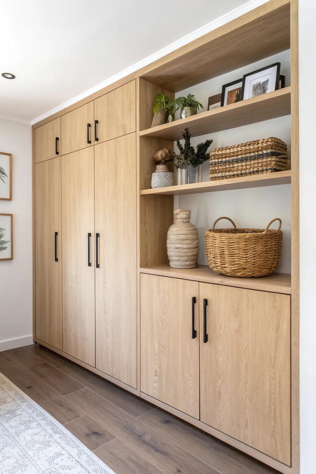 Built-in cabinets with closed doors and a few open shelves keep a small basement calm and modern.