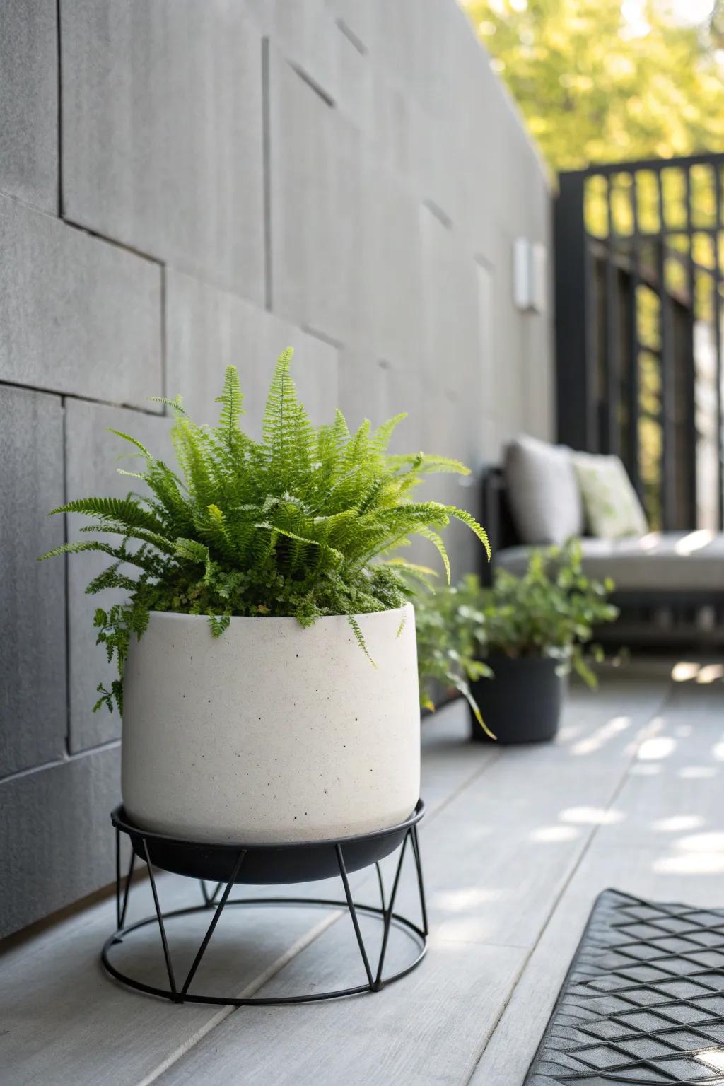 A tight black-white-gray palette lets the green pop—calm, modern garden style for small spaces.