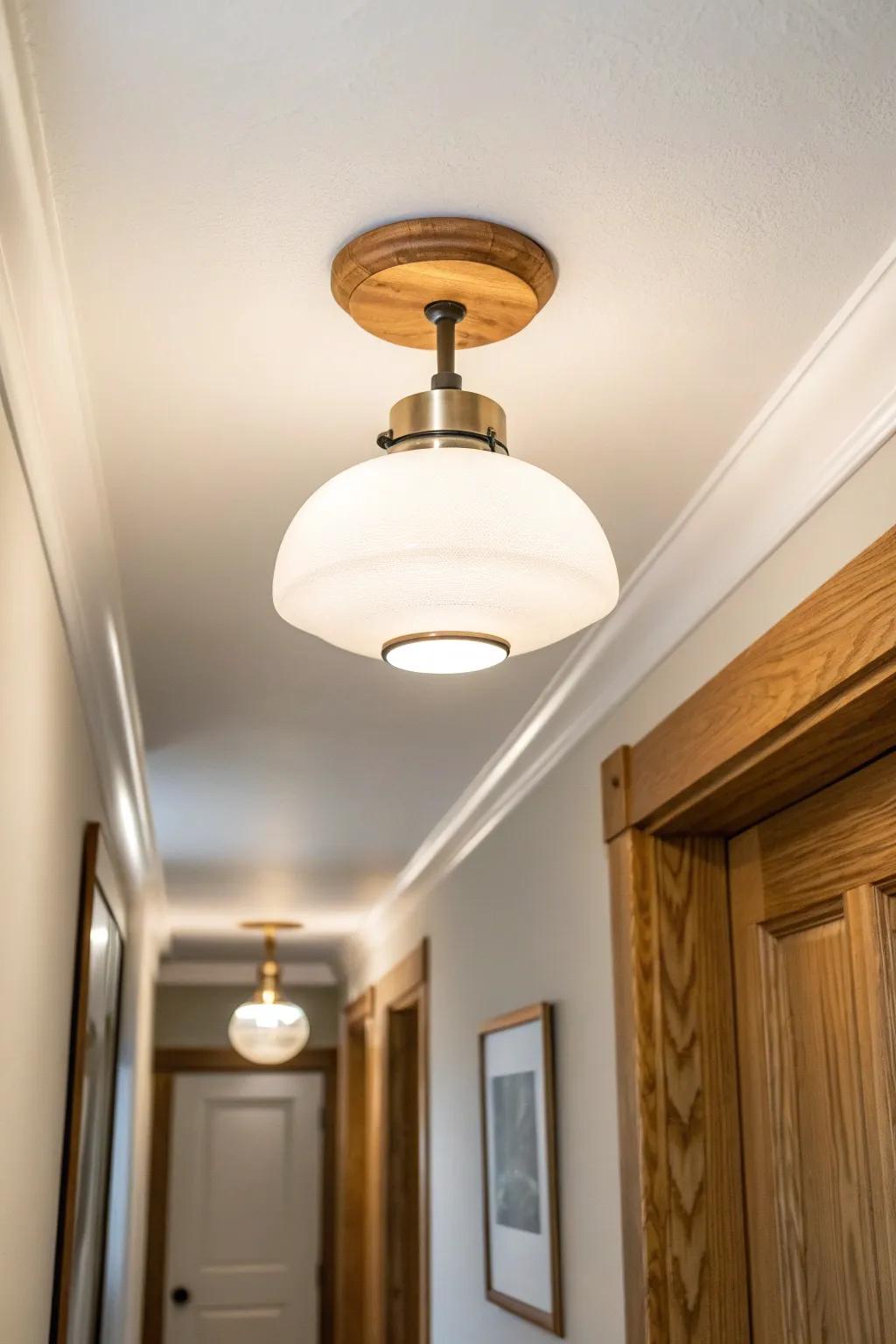 Low-profile semi-flush lighting brightens a narrow hallway without bumping your head.