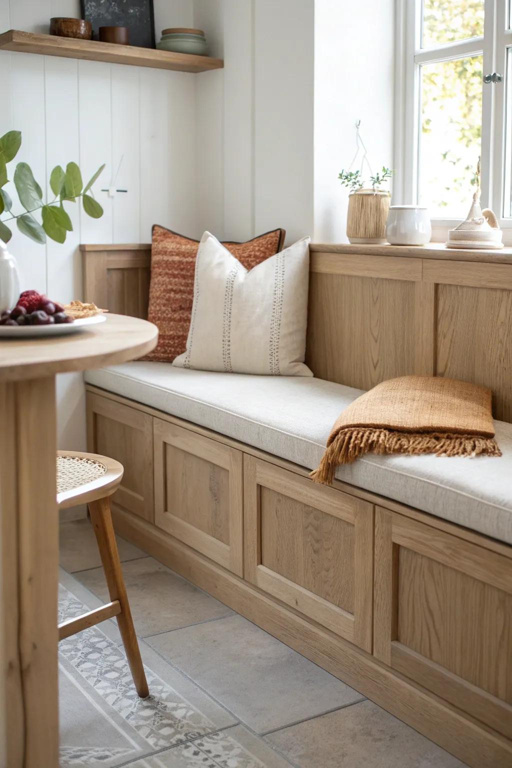 A cozy corner bench breakfast nook that turns a tiny kitchen into your daily coffee spot.