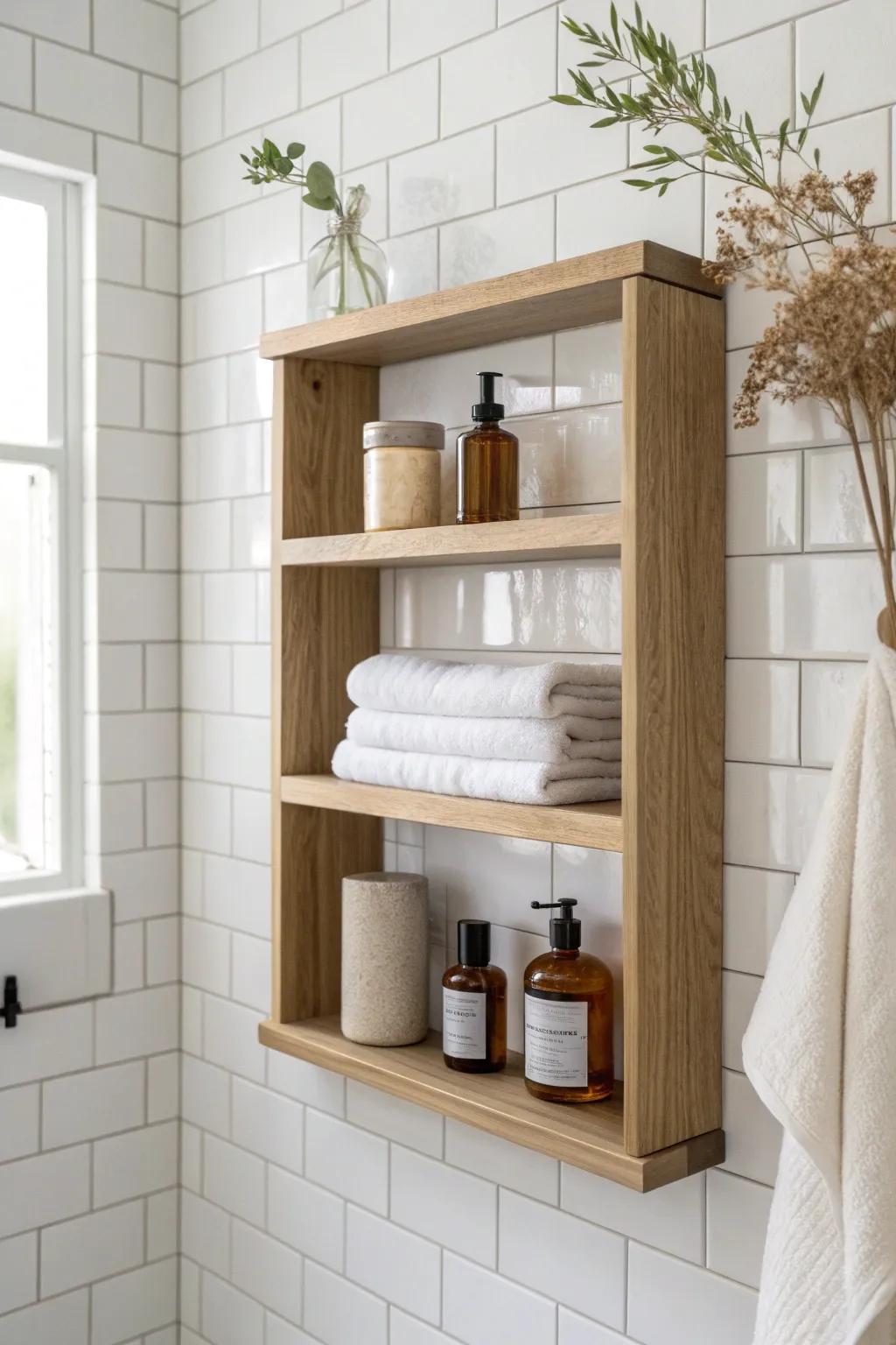 Open oak shelves keep a tiny NYC bathroom airy—style with matching jars and folded towels.