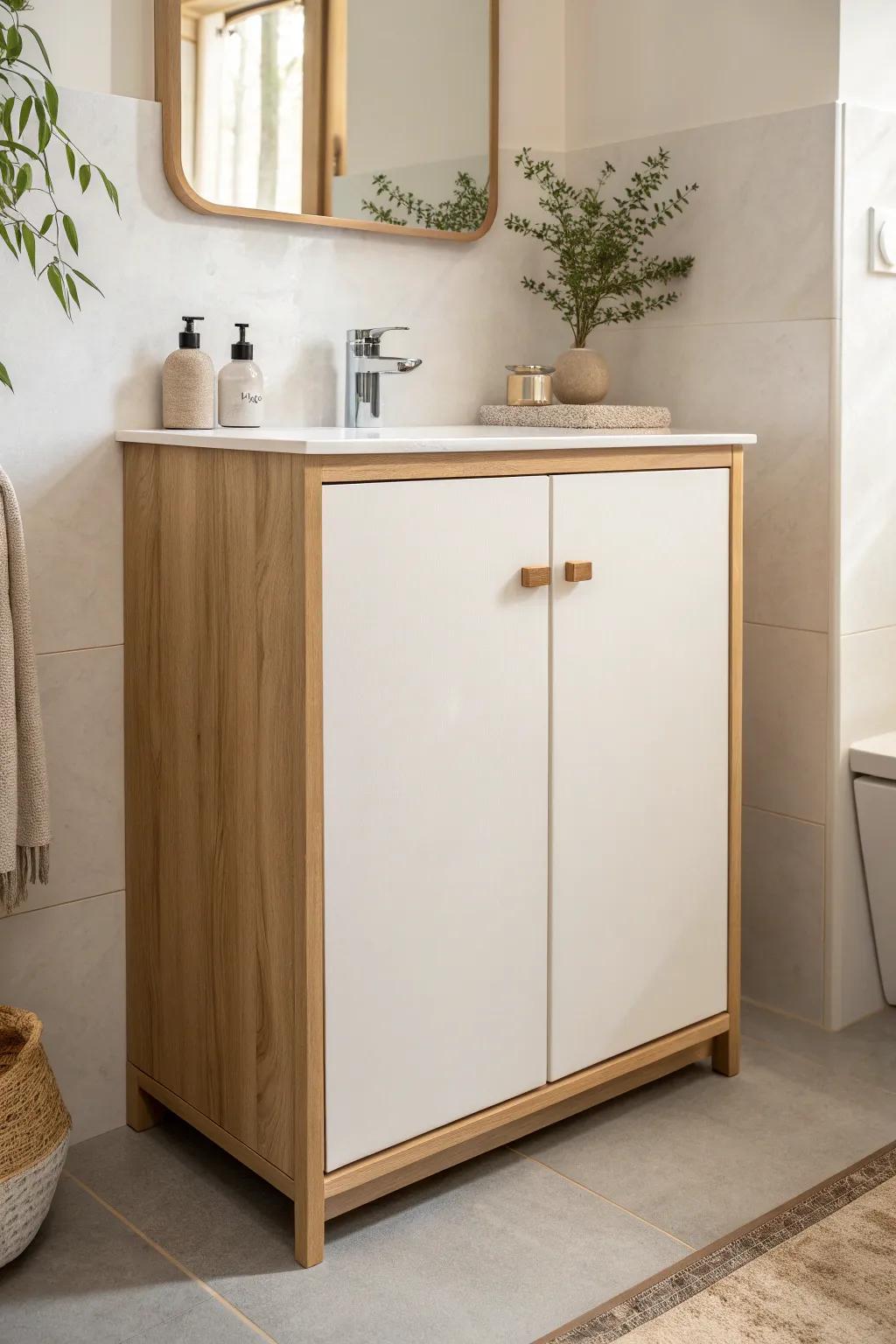 Closed vanity storage keeps a shared office bathroom looking polished, calm, and clutter-free.