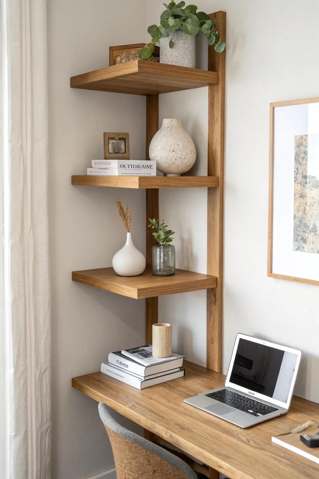 Slim floating shelves keep a tiny work nook clear—vertical storage with one beautiful accent.