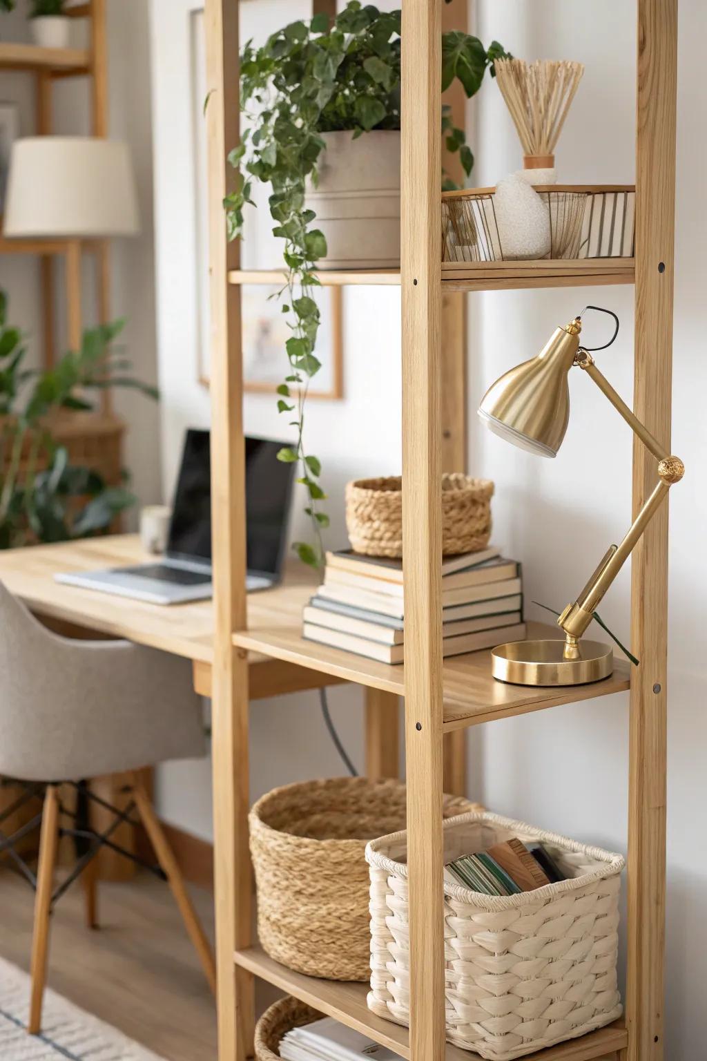 Open-shelf room divider: a chic mini office zone with hidden storage for small studios.