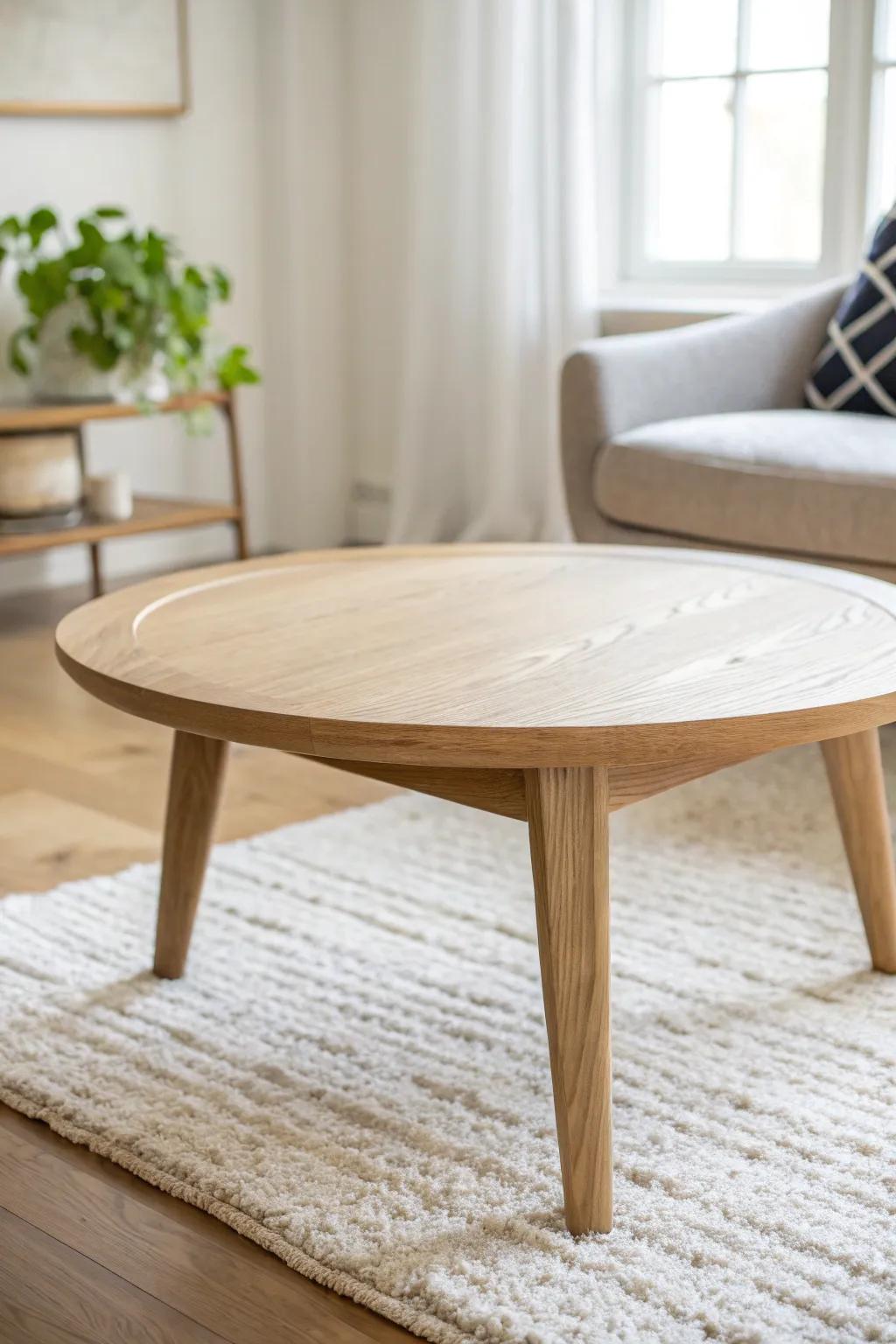 A round coffee table keeps small open plans flowing—no corners to bump, just airy ease.