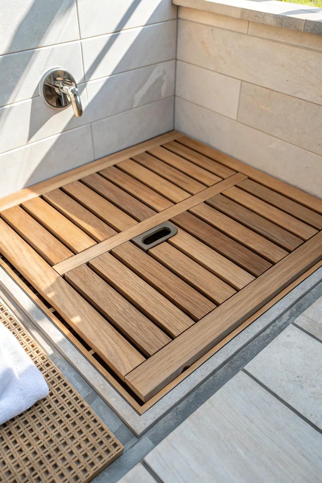 A tiny teak deck platform elevates an outdoor shower and hides the plumbing for a clean look.