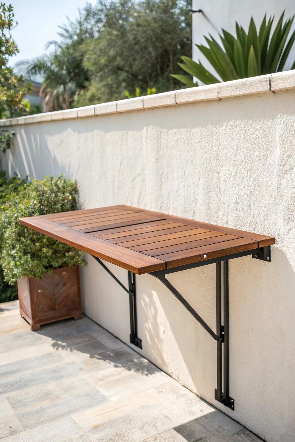 A fold-down wall table creates a chic outdoor serving spot—then vanishes to save space.