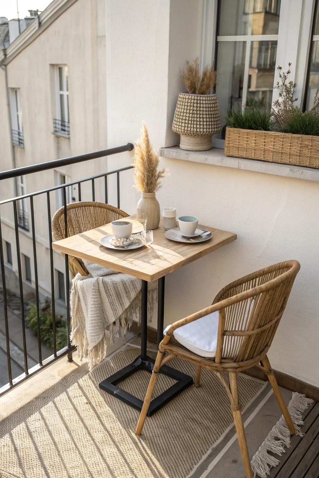 Push the table to the wall or railing to open a clear walkway in a tiny patio dining spot.